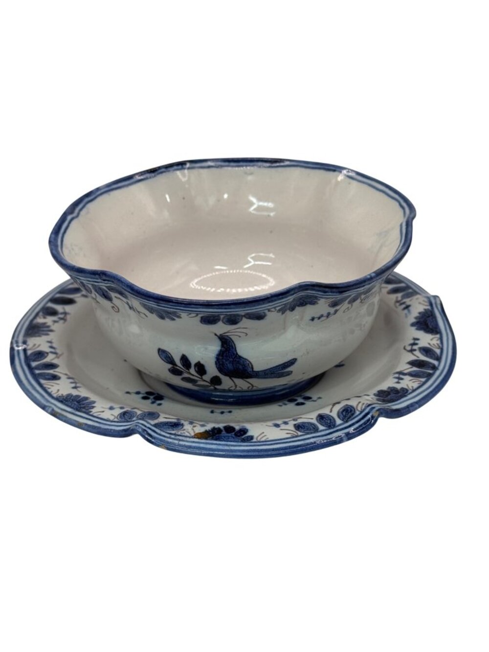 Antique Italian Blue White Ceramic Cup Teacup Saucer Set Floral And Bird Design